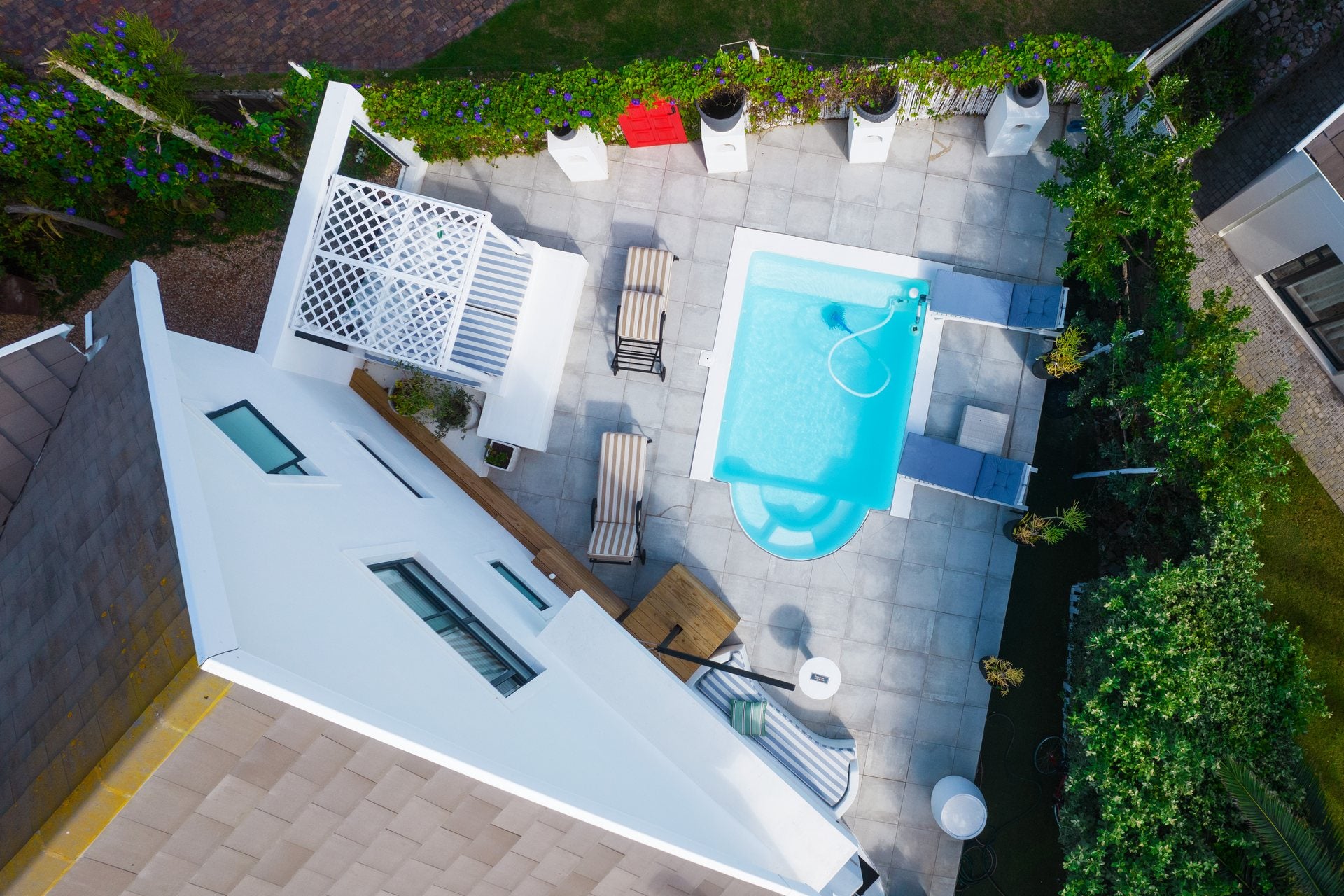 Overhead drone photograph of a landscaped pool courtyard